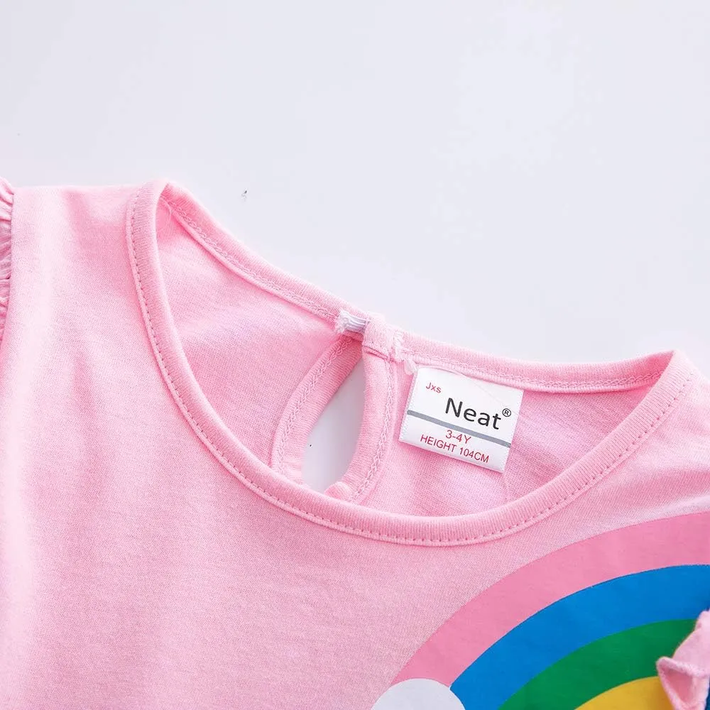 Cotton Girls Flower Rainbow Long Sleeve Dresses Butterfly Animal for Kids 3-8 Years