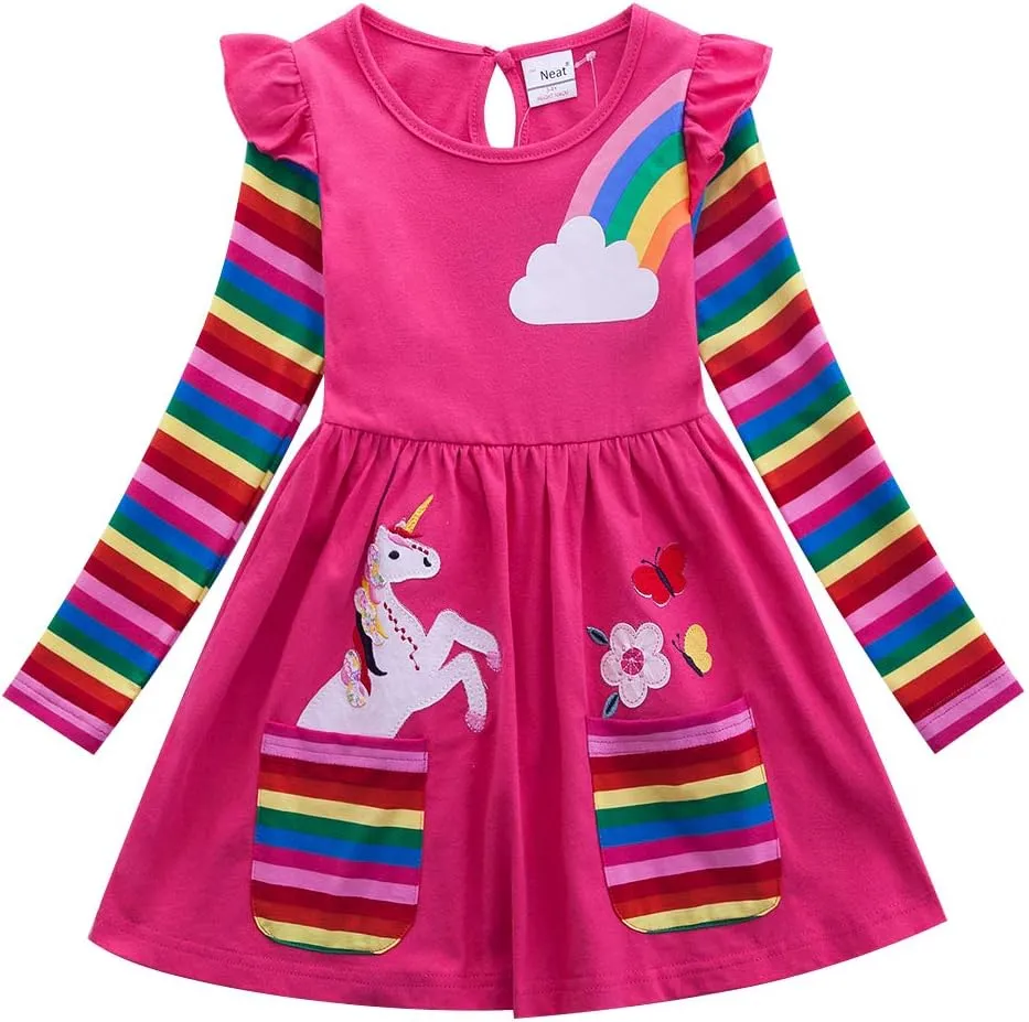 Cotton Girls Flower Rainbow Long Sleeve Dresses Butterfly Animal for Kids 3-8 Years