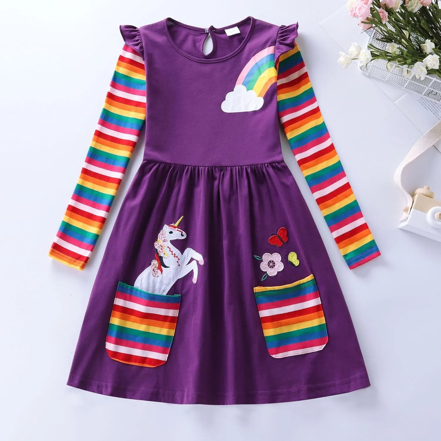 Cotton Girls Flower Rainbow Long Sleeve Dresses Butterfly Animal for Kids 3-8 Years