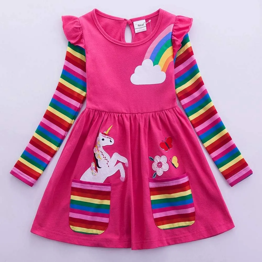 Cotton Girls Flower Rainbow Long Sleeve Dresses Butterfly Animal for Kids 3-8 Years