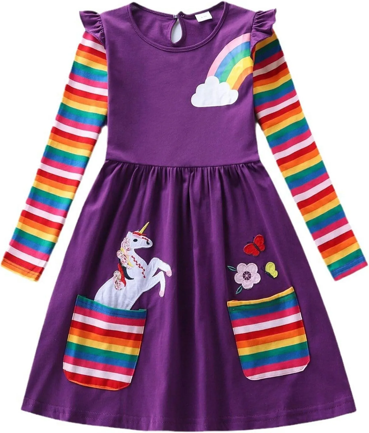 Cotton Girls Flower Rainbow Long Sleeve Dresses Butterfly Animal for Kids 3-8 Years