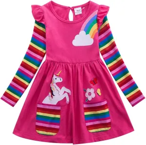 Cotton Girls Flower Rainbow Long Sleeve Dresses Butterfly Animal for Kids 3-8 Years