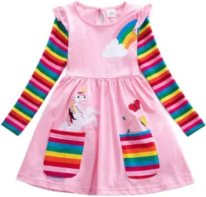 Cotton Girls Flower Rainbow Long Sleeve Dresses Butterfly Animal for Kids 3-8 Years