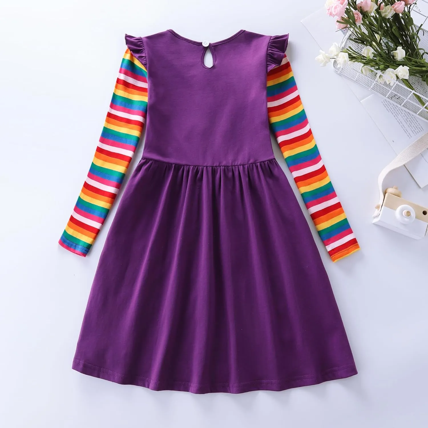 Cotton Girls Flower Rainbow Long Sleeve Dresses Butterfly Animal for Kids 3-8 Years