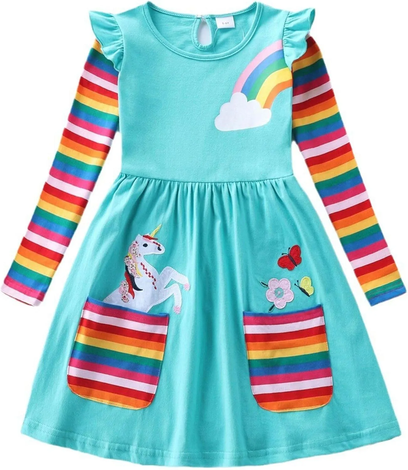 Cotton Girls Flower Rainbow Long Sleeve Dresses Butterfly Animal for Kids 3-8 Years