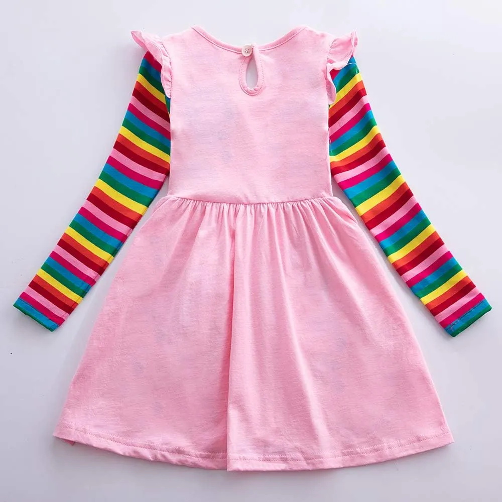 Cotton Girls Flower Rainbow Long Sleeve Dresses Butterfly Animal for Kids 3-8 Years
