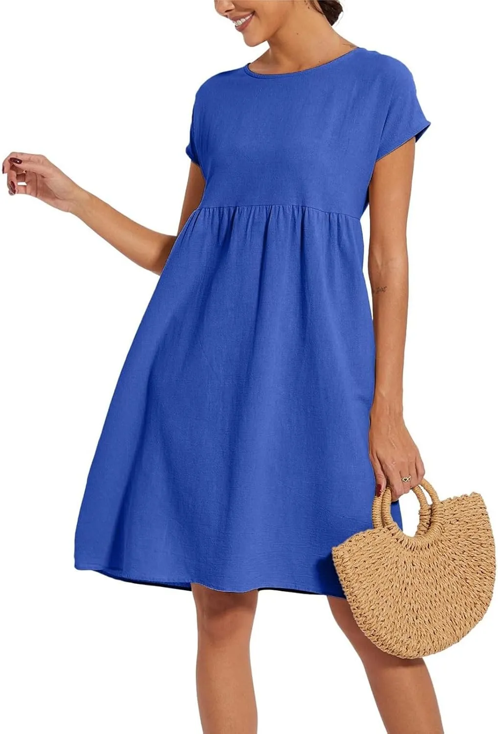 Cotton Linen Dress Womens Casual Summer Cap Sleeve Midi Dress A Line Flowy Knee Length T Shirt Dress with Pockets