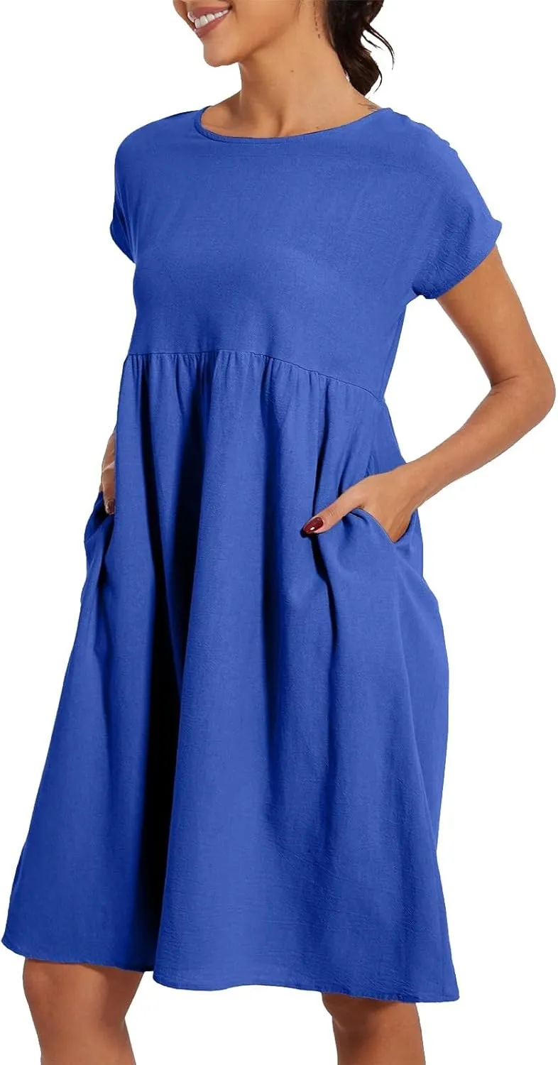 Cotton Linen Dress Womens Casual Summer Cap Sleeve Midi Dress A Line Flowy Knee Length T Shirt Dress with Pockets