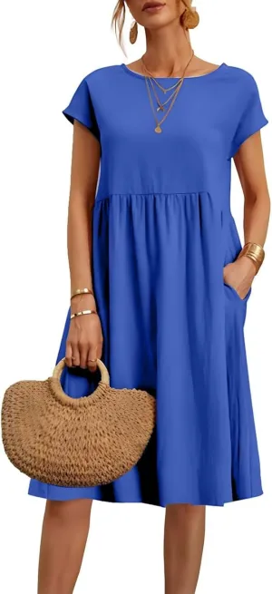 Cotton Linen Dress Womens Casual Summer Cap Sleeve Midi Dress A Line Flowy Knee Length T Shirt Dress with Pockets