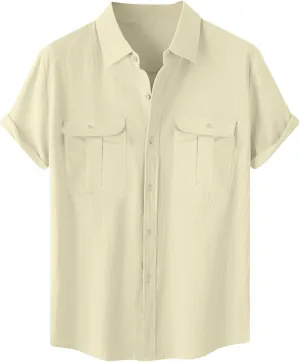 Cotton Linen Shirts for Men 2025 Summer Short Sleeve Button Down T-Shirt Business Work Beach Tee Tops Dress Shirts