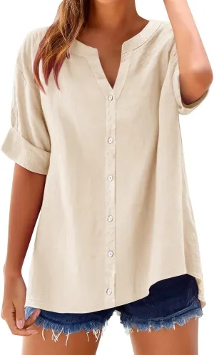 Cotton Linen Shirts for Women 2025 Summer Short Sleeve V Neck Button Down Tops Dressy Casual Oversized Tshirts
