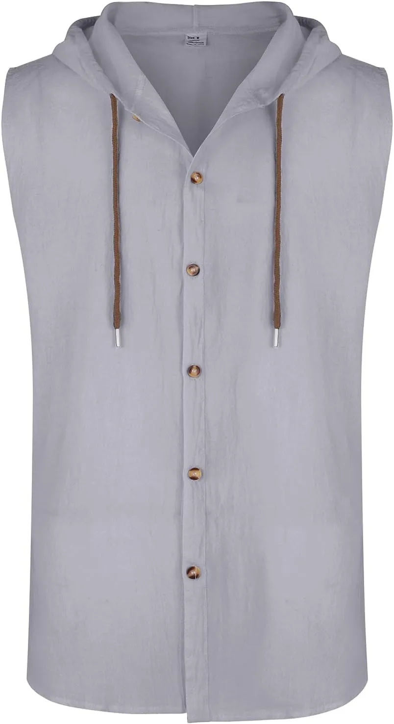 Cotton Linen Sleeveless Hoodies for Men Summer Casual Lightweight Button Down Drawstring Workout Hooded Tank Tops