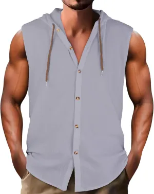 Cotton Linen Sleeveless Hoodies for Men Summer Casual Lightweight Button Down Drawstring Workout Hooded Tank Tops