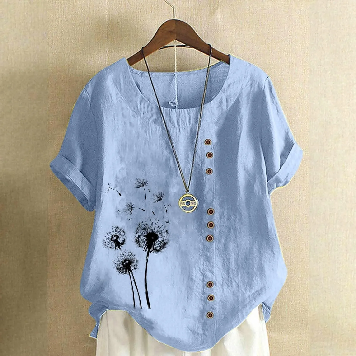 Cotton Linen Tops for Women Loose Fit Casual Roll Up Short Sleeve T-Shirt Trendy Cute Floral Print Blouse 2025 Summer