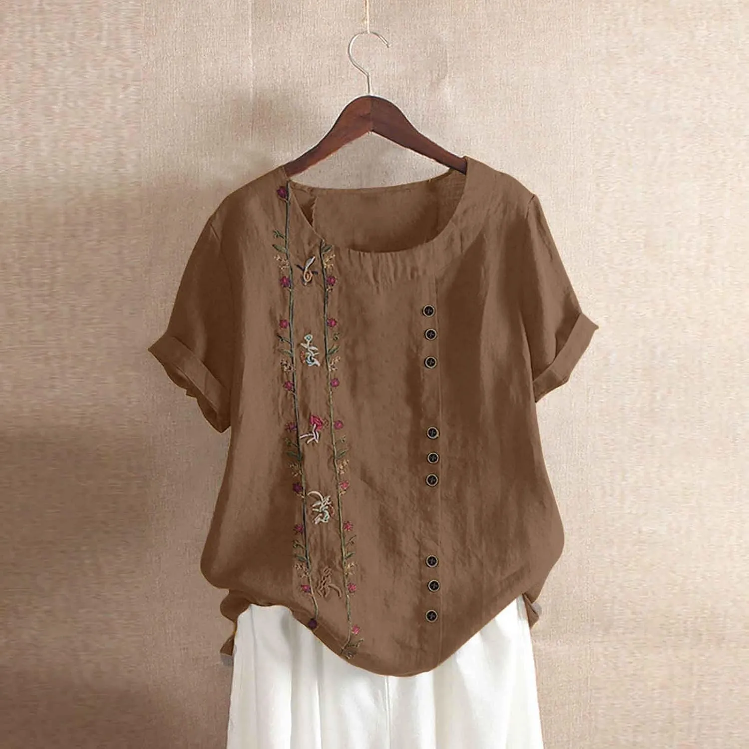 Cotton Linen Tops for Women Loose Fit Casual Roll Up Short Sleeve T-Shirt Trendy Cute Floral Print Blouse 2025 Summer