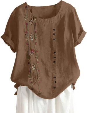 Cotton Linen Tops for Women Loose Fit Casual Roll Up Short Sleeve T-Shirt Trendy Cute Floral Print Blouse 2025 Summer