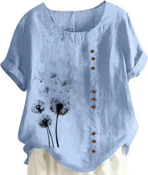 Cotton Linen Tops for Women Loose Fit Casual Roll Up Short Sleeve T-Shirt Trendy Cute Floral Print Blouse 2025 Summer