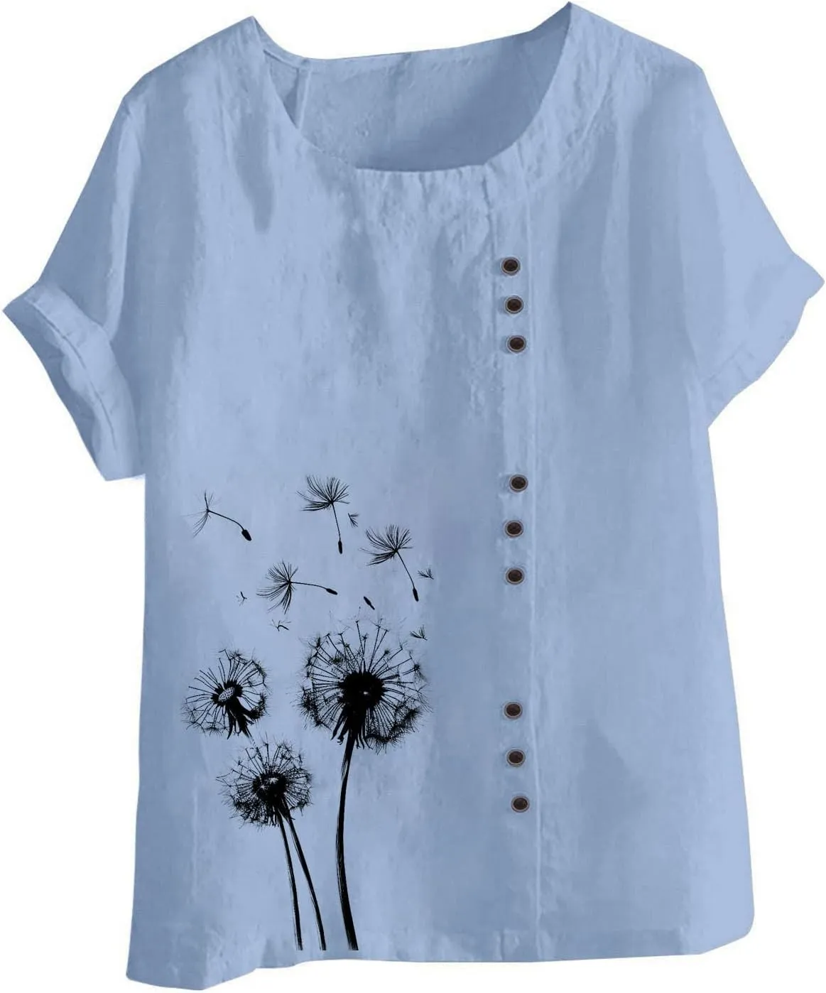 Cotton Linen Tops for Women Loose Fit Casual Roll Up Short Sleeve T-Shirt Trendy Cute Floral Print Blouse 2025 Summer