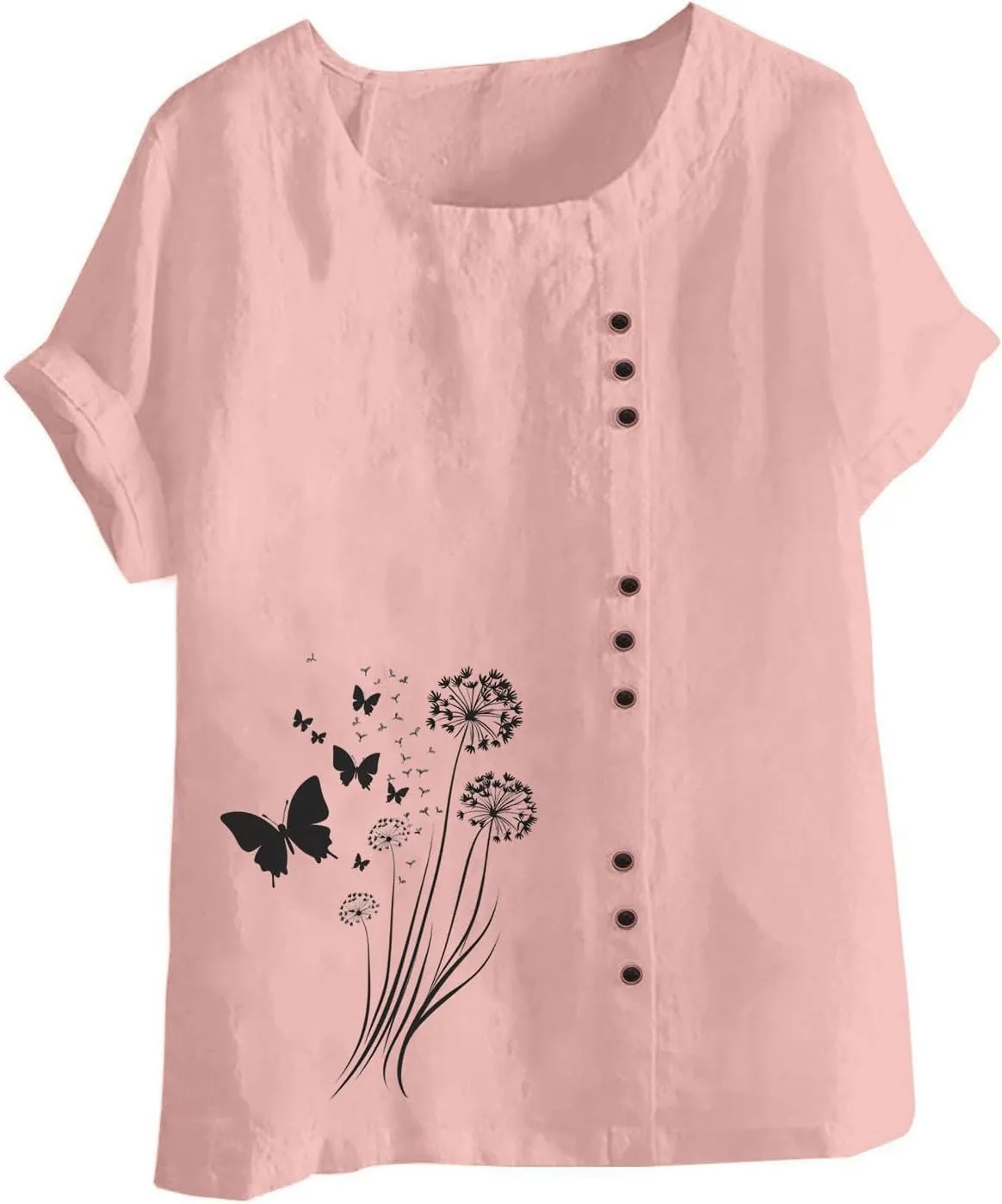 Cotton Linen Tops for Women Loose Fit Casual Roll Up Short Sleeve T-Shirt Trendy Cute Floral Print Blouse 2025 Summer