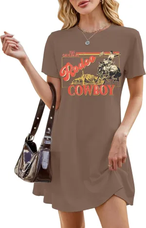 Cowgirl Western Dress for Women Rodeo Cowboy Graphic Tees Vintage Country Western Outfits Casual Short Sleeve Dresses