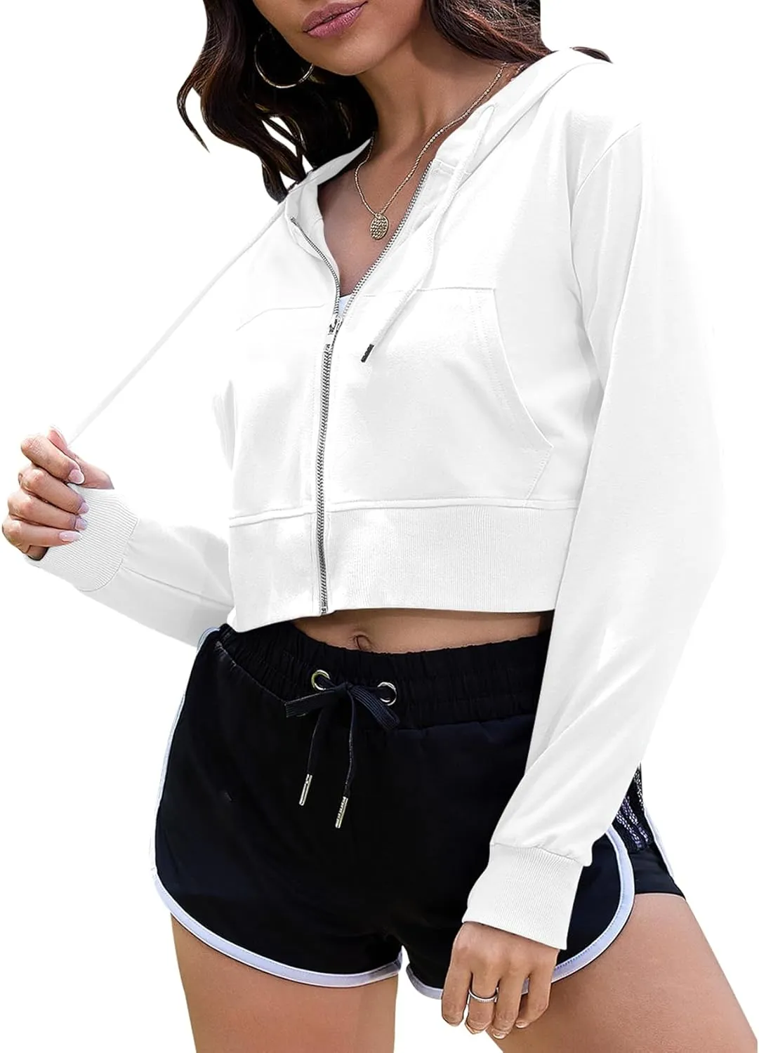 COZYPOIN Women's Zip Up Hoodies Cropped Casual Pocketed Cardigan Jacket Drawstring Hooded Sweatshirts