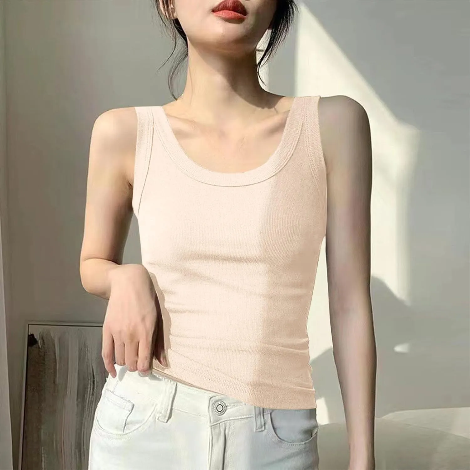 Crop Tank Tops for Women Scoop Neck Ribbed Knit Slim Fit Basic Tees Summer Going Out Top Teen Girls Sleeveless Shirt