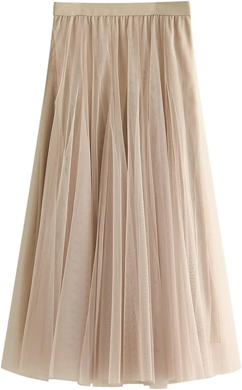 Daysskk Women's Tulle Skirt Elegant Pleated Skirts for Women Midi Length Elastic Waist