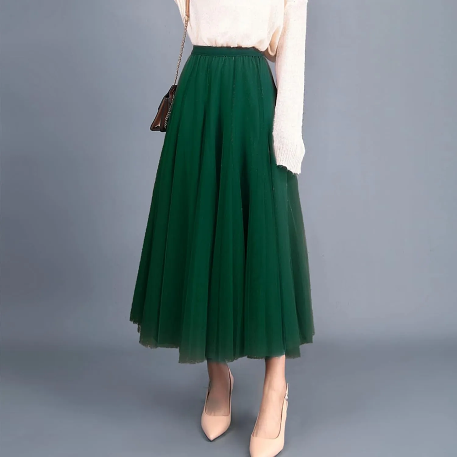 Daysskk Women's Tulle Skirt Elegant Pleated Skirts for Women Midi Length Elastic Waist