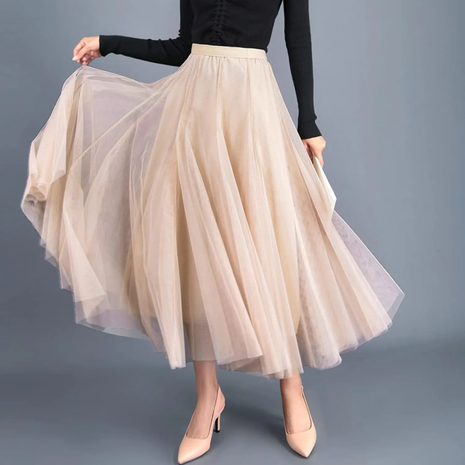 Daysskk Women's Tulle Skirt Elegant Pleated Skirts for Women Midi Length Elastic Waist
