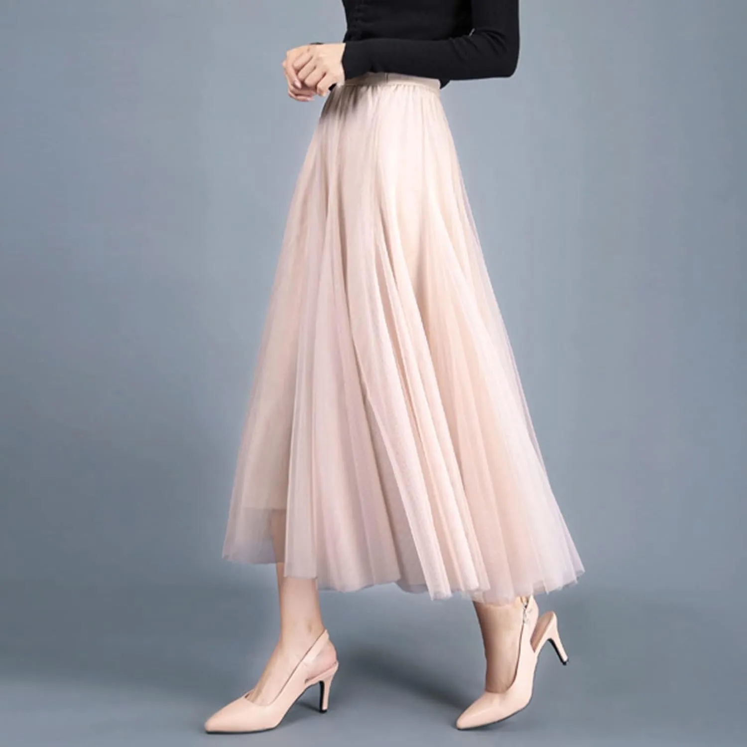 Daysskk Women's Tulle Skirt Elegant Pleated Skirts for Women Midi Length Elastic Waist