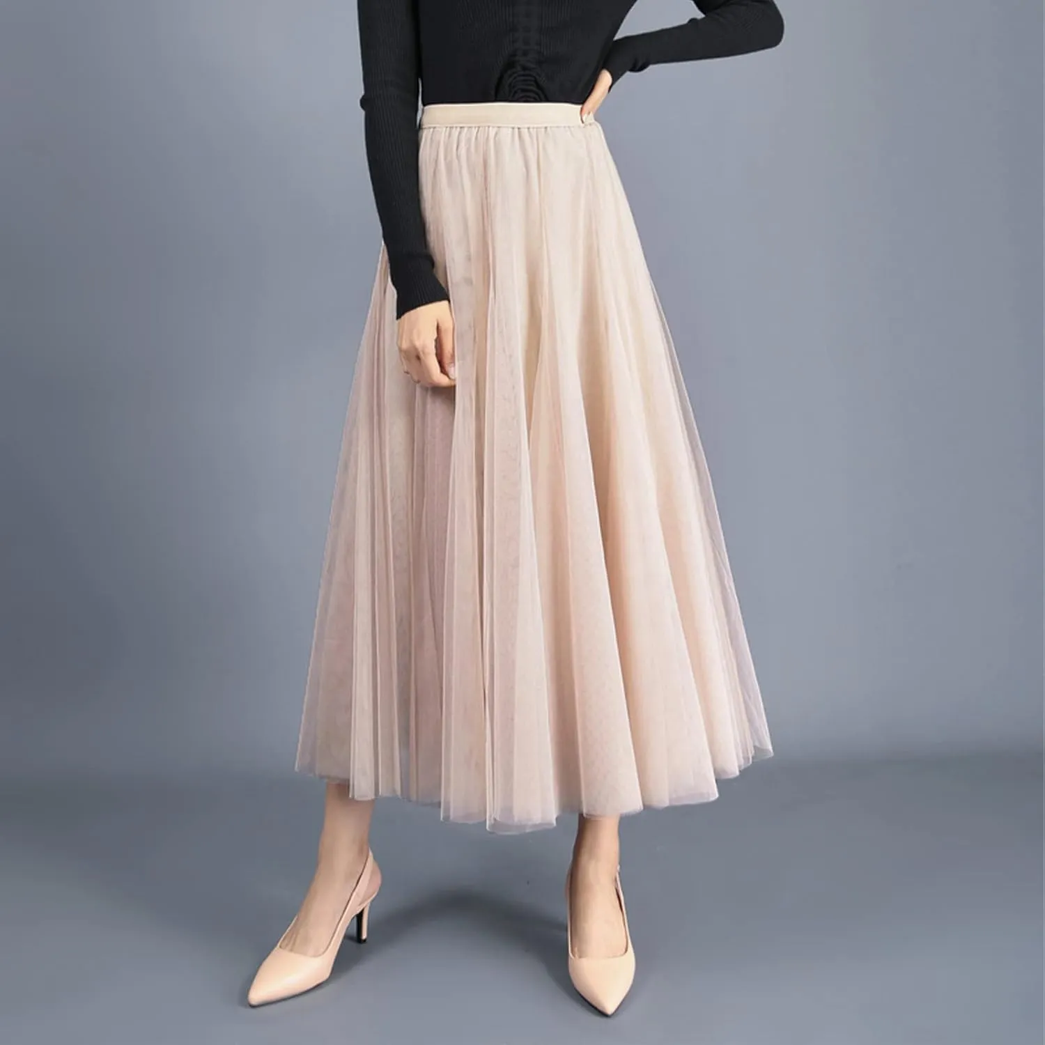 Daysskk Women's Tulle Skirt Elegant Pleated Skirts for Women Midi Length Elastic Waist