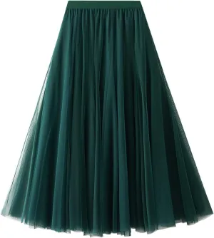 Daysskk Women's Tulle Skirt Elegant Pleated Skirts for Women Midi Length Elastic Waist