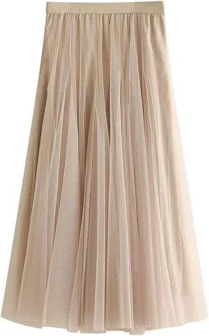 Daysskk Women's Tulle Skirt Elegant Pleated Skirts for Women Midi Length Elastic Waist