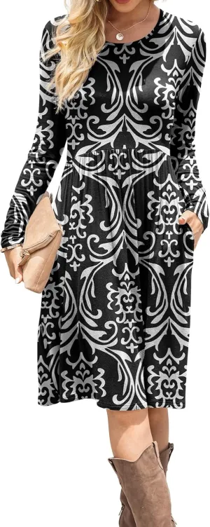 DB MOON Women Casual Long Sleeve Dresses Empire Waist Knee Length Loose Dress with Pockets