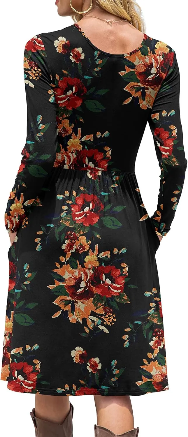 DB MOON Women Casual Long Sleeve Dresses Empire Waist Knee Length Loose Dress with Pockets