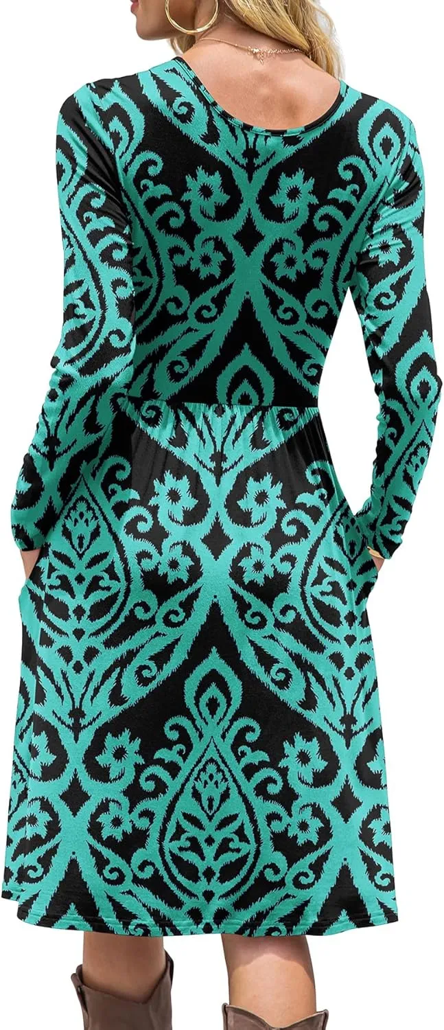 DB MOON Women Casual Long Sleeve Dresses Empire Waist Knee Length Loose Dress with Pockets