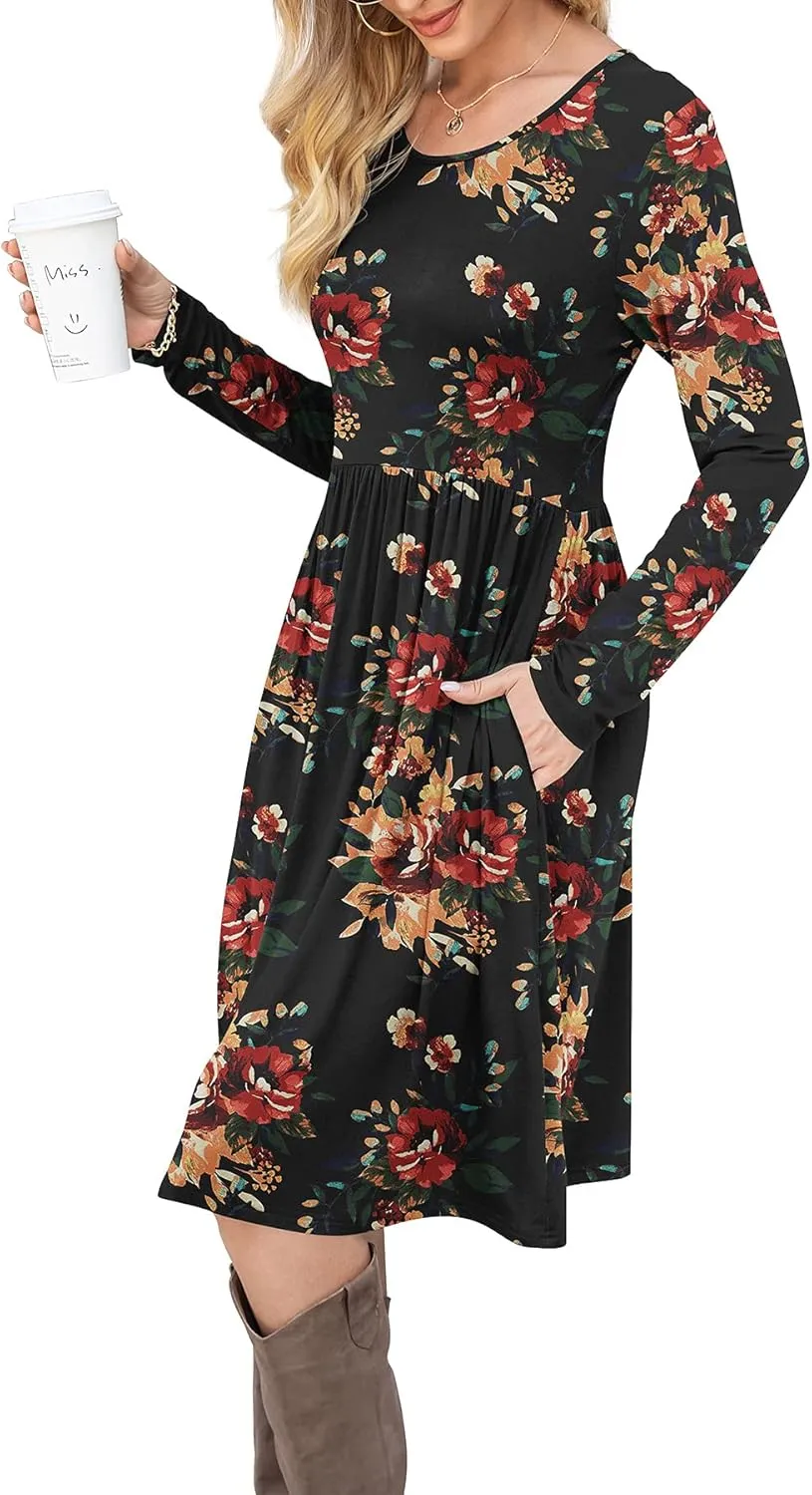 DB MOON Women Casual Long Sleeve Dresses Empire Waist Knee Length Loose Dress with Pockets