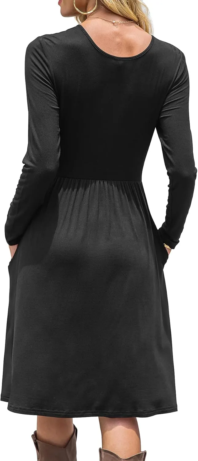 DB MOON Women Casual Long Sleeve Dresses Empire Waist Knee Length Loose Dress with Pockets