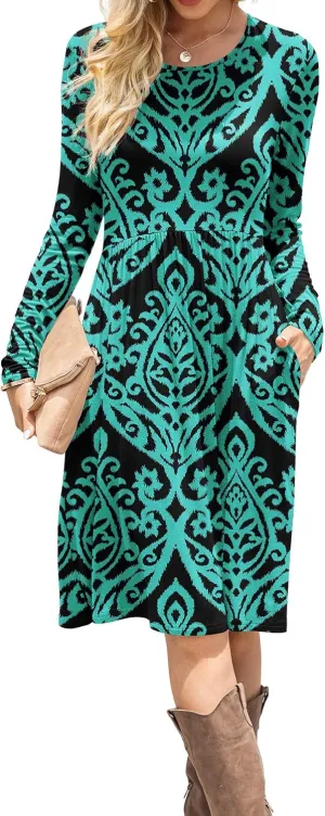 DB MOON Women Casual Long Sleeve Dresses Empire Waist Knee Length Loose Dress with Pockets