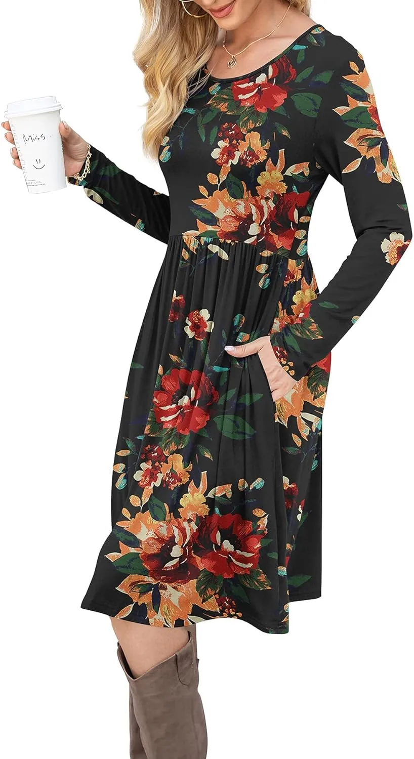DB MOON Women Casual Long Sleeve Dresses Empire Waist Knee Length Loose Dress with Pockets