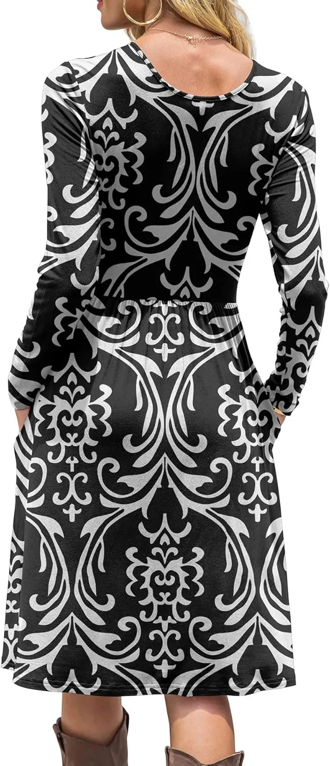 DB MOON Women Casual Long Sleeve Dresses Empire Waist Knee Length Loose Dress with Pockets