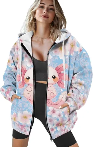 DISNIMO Cute Zip Up Hoodies for Women Y2K Jacket Graphic Sweatshirt Size XS-XL