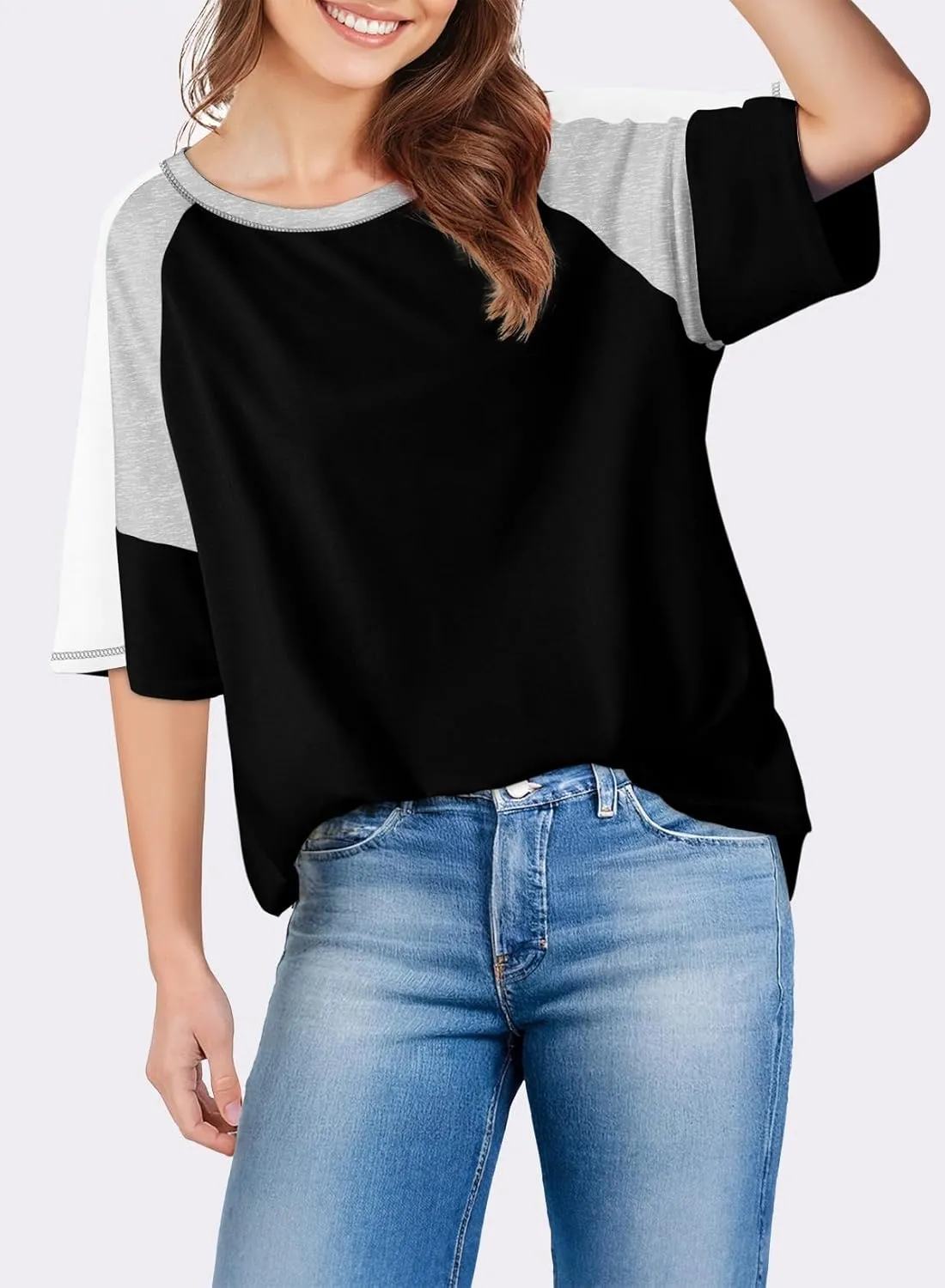 Dokotoo Womens Tops Color Block Crewneck Short Sleeve T Shirts Casual Oversized Summer Outfits