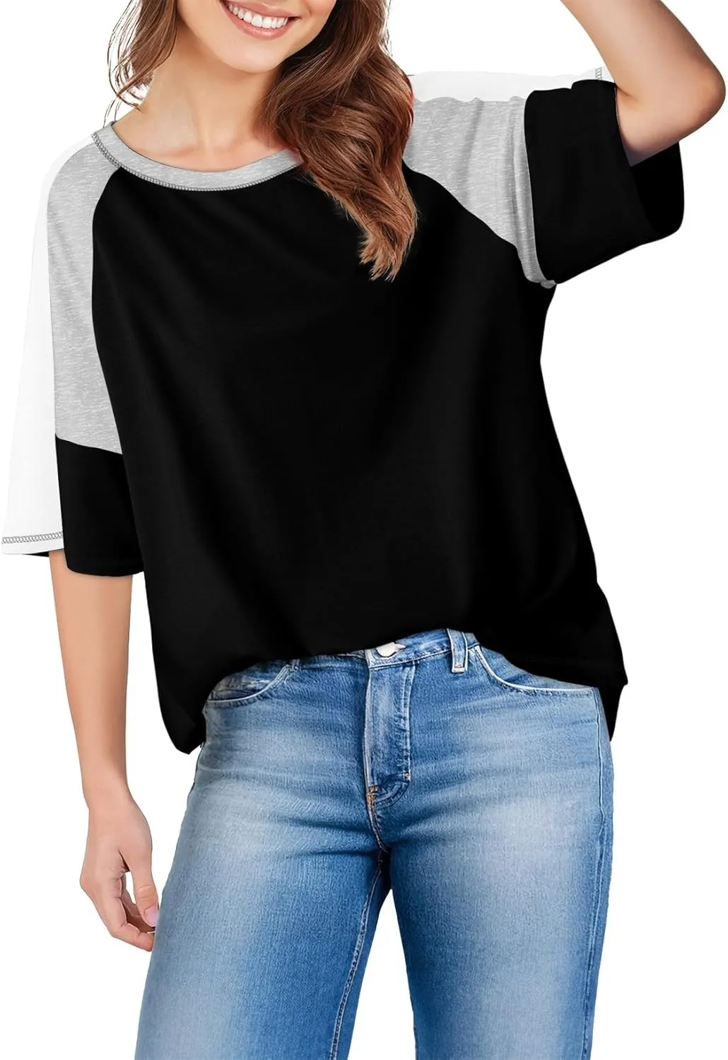 Dokotoo Womens Tops Color Block Crewneck Short Sleeve T Shirts Casual Oversized Summer Outfits