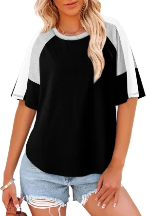 Dokotoo Womens Tops Color Block Crewneck Short Sleeve T Shirts Casual Oversized Summer Outfits