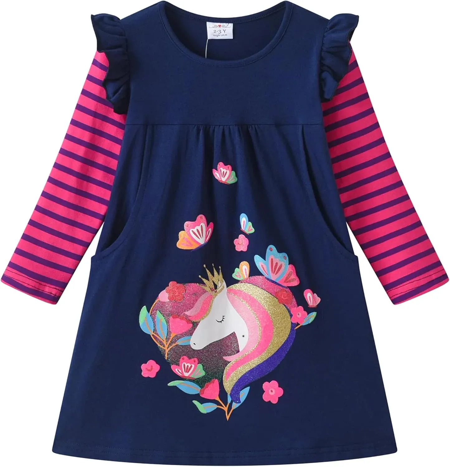 DXTON Toddler Girls Long Sleeve Dress Stripe Rainbow Ruffle Cotton Casual Tunic Shirt Fall Winter School Dress