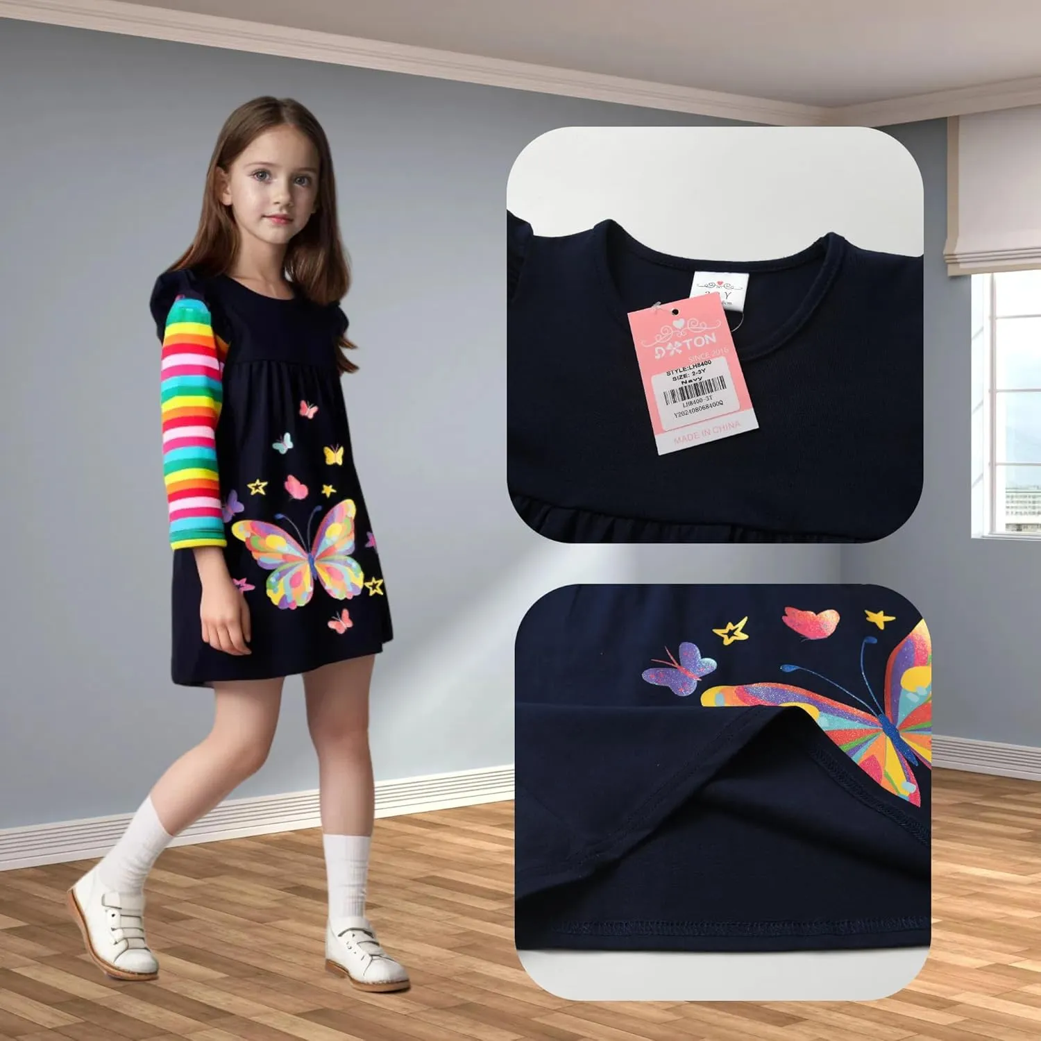 DXTON Toddler Girls Long Sleeve Dress Stripe Rainbow Ruffle Cotton Casual Tunic Shirt Fall Winter School Dress