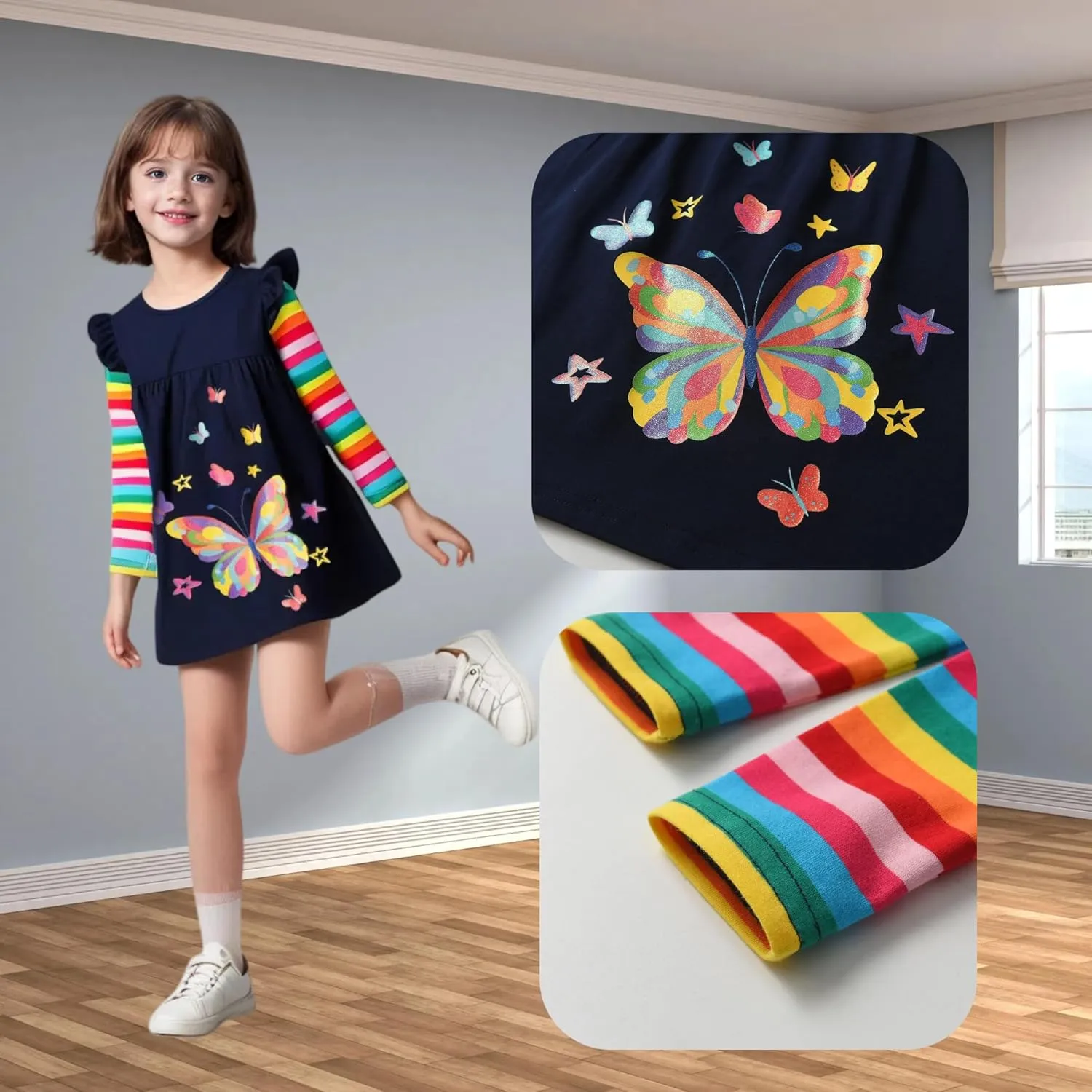 DXTON Toddler Girls Long Sleeve Dress Stripe Rainbow Ruffle Cotton Casual Tunic Shirt Fall Winter School Dress