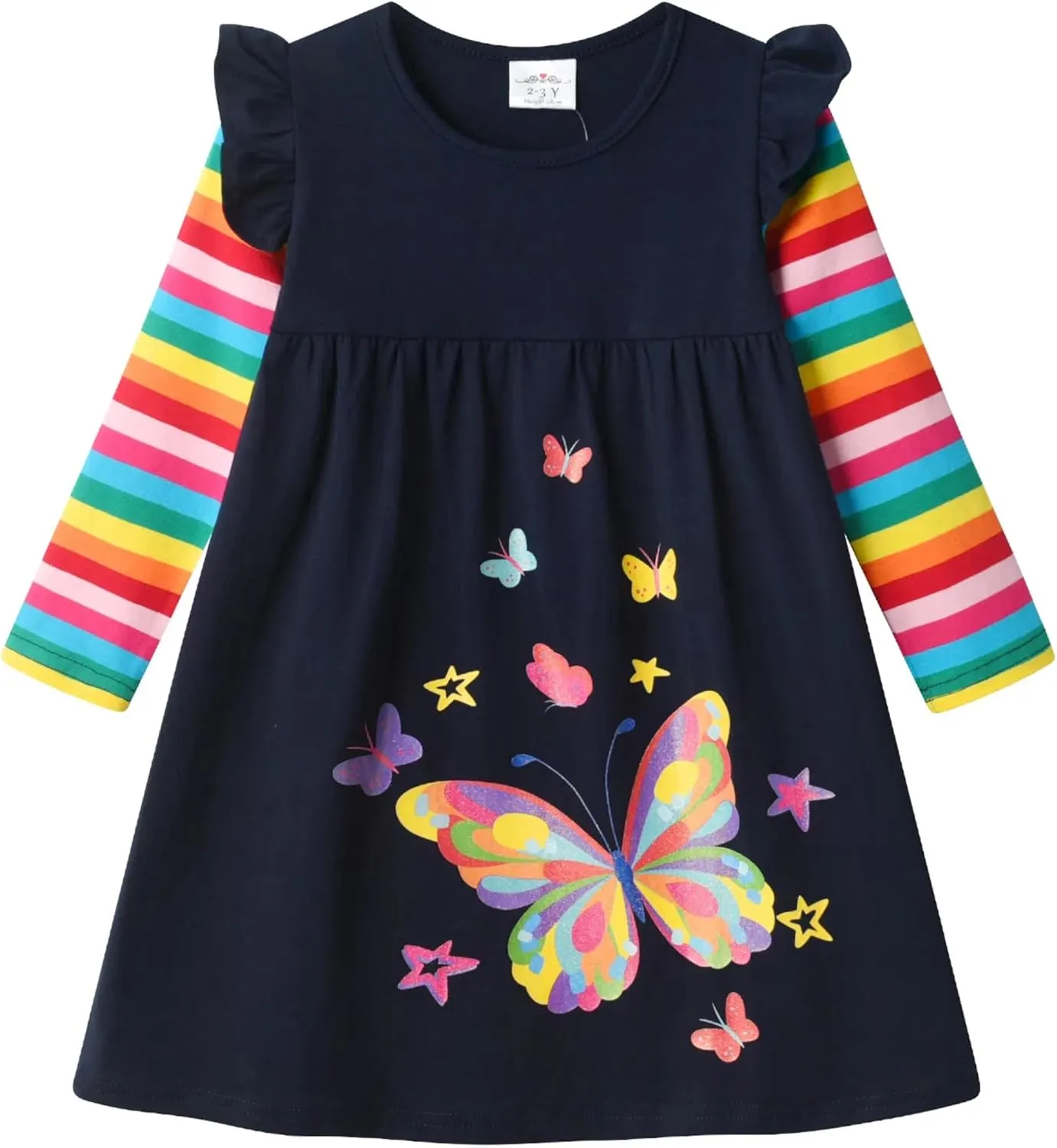 DXTON Toddler Girls Long Sleeve Dress Stripe Rainbow Ruffle Cotton Casual Tunic Shirt Fall Winter School Dress