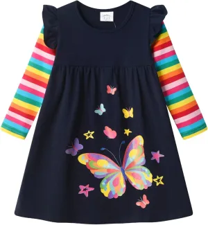 DXTON Toddler Girls Long Sleeve Dress Stripe Rainbow Ruffle Cotton Casual Tunic Shirt Fall Winter School Dress